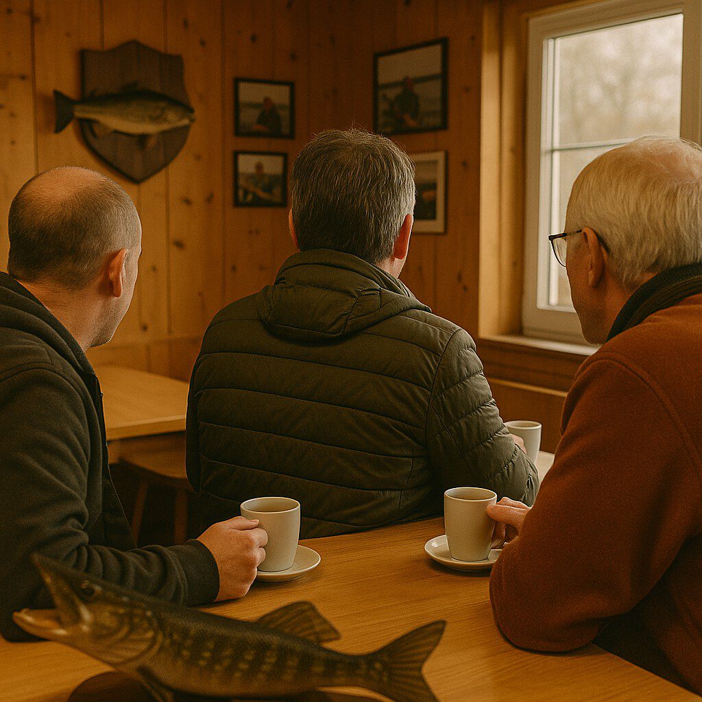 Angler im Vereinsheim beim Kaffee