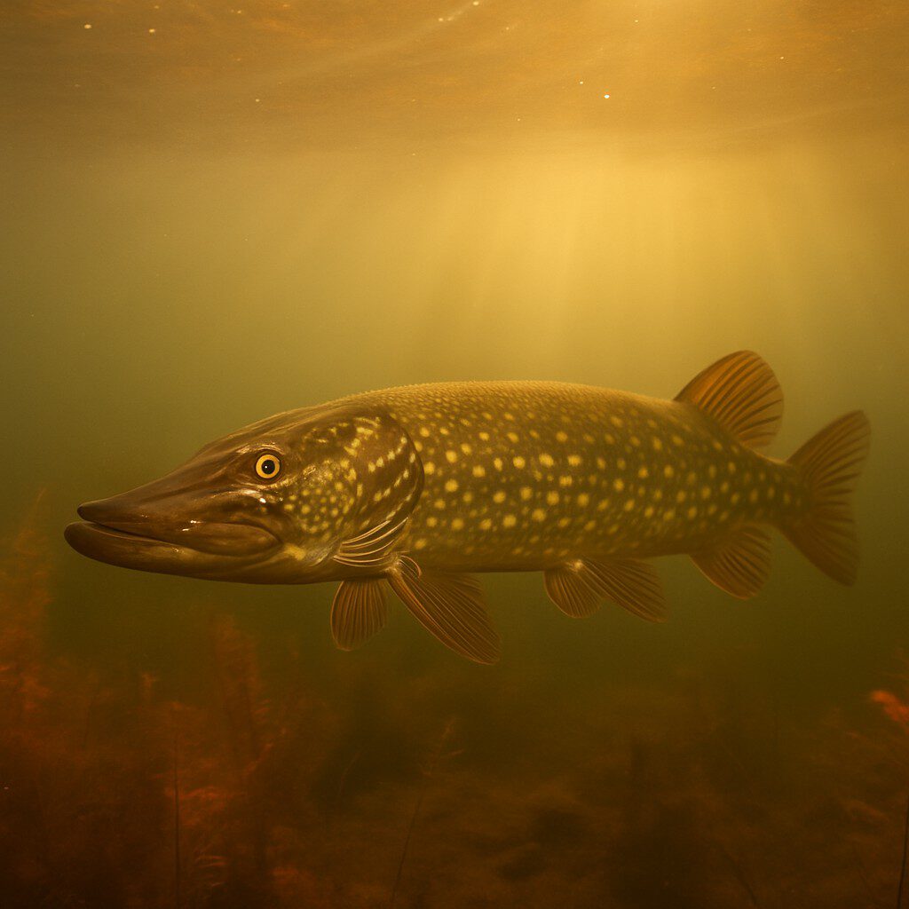 Hecht im Nebel beim Jagen